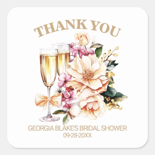 Floral Champagne Glass Bridal Shower Thank You Square Sticker (Front)