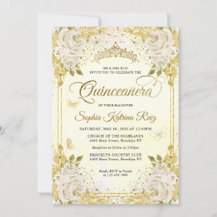 Floral Champagne Gold Glitter Crown Quinceañera Invitation