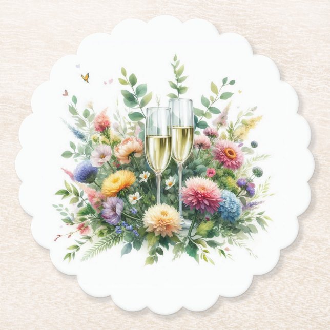 Floral Champagne Party Paper Coaster (Front)