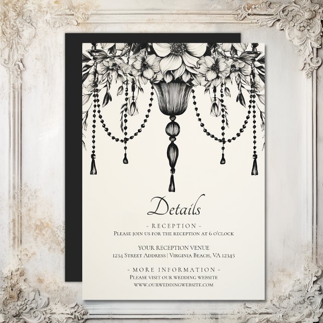 Floral Chandelier Black White Wedding Details Enclosure Card (Floral Chandelier Black White Wedding Details Enclosure Card)