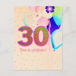 Floral Cheers 30th Birthday Balloons Party Pink Postcard