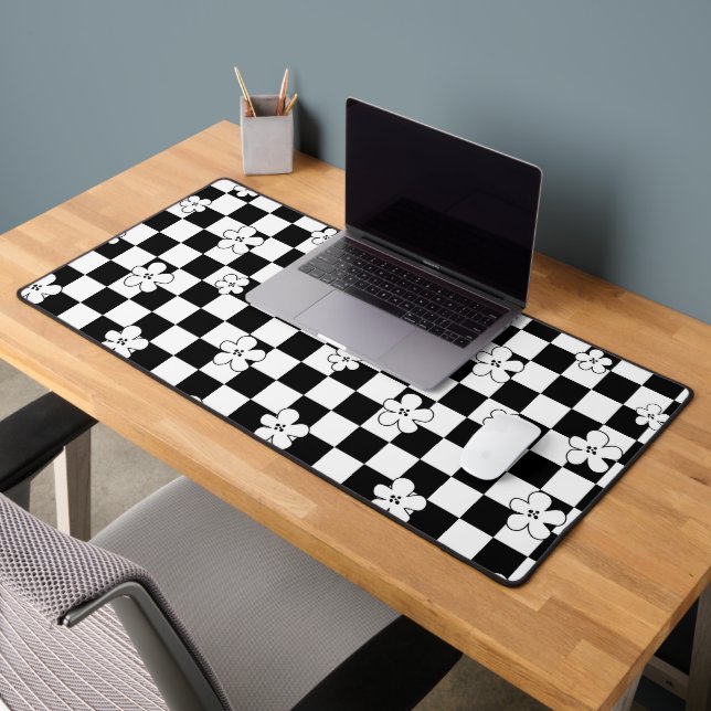 Floral chequered black and white pattern desk mat (Office 2)