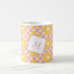 Floral Chequered Yellow and Blue Design Coffee Mug