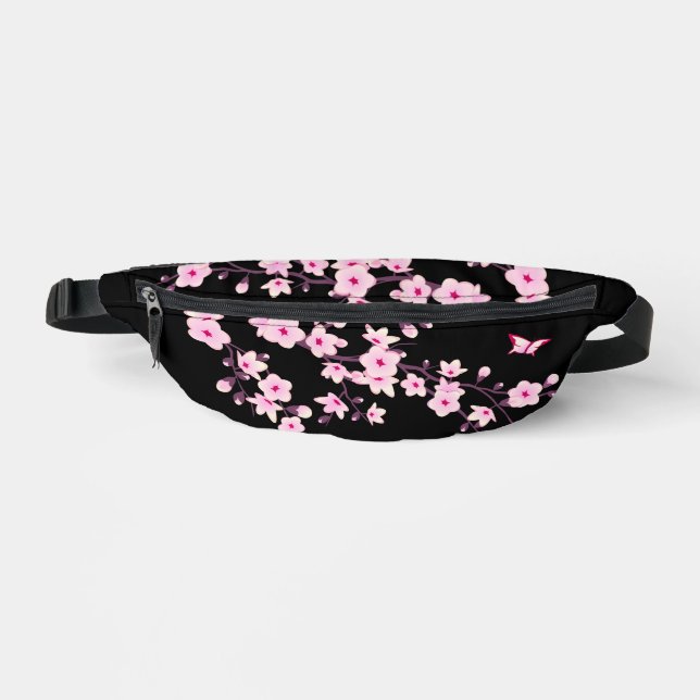 Floral Cherry Blossom Black Pink Monogram Bum Bags (Front)