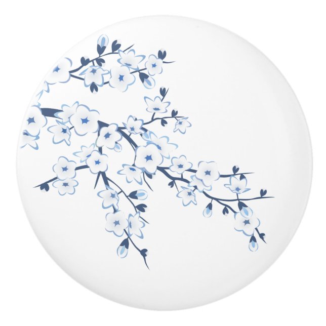 Floral Cherry Blossom Blue White Ceramic Knob (Front)