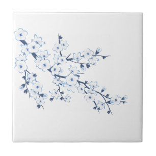 Floral Cherry Blossom Blue White Tile