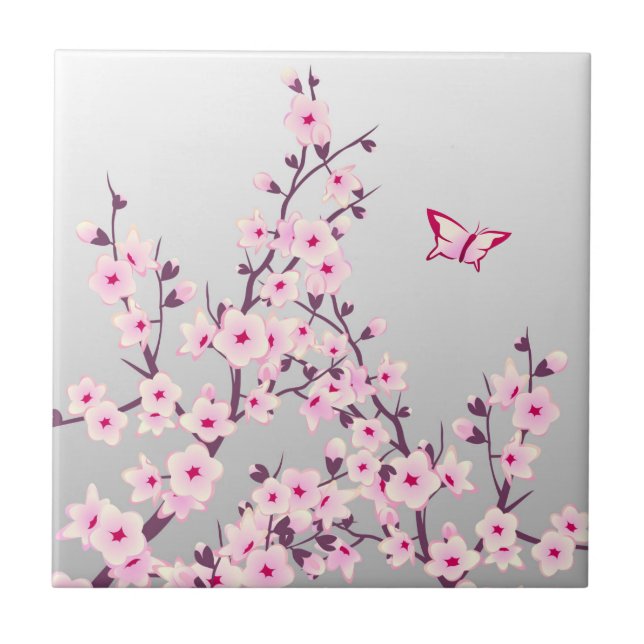 Floral Cherry Blossom Butterfly Pink Grey Tile (Front)