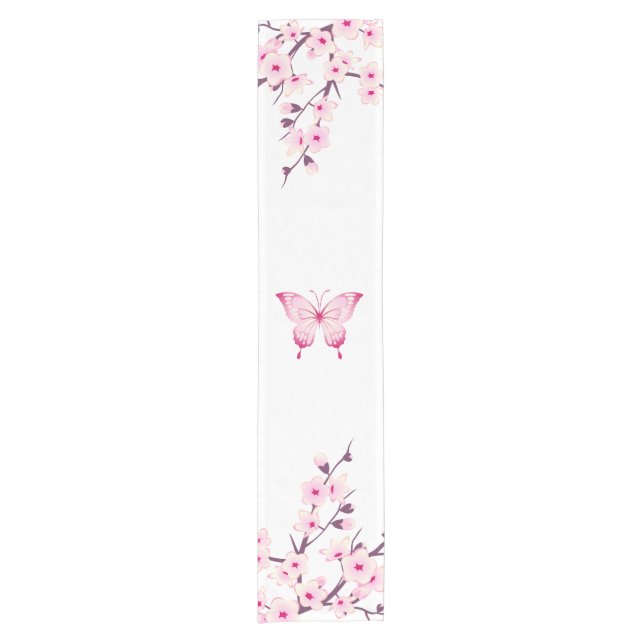 Floral Cherry Blossom Butterfly Pink White Floral  Short Table Runner (Front)