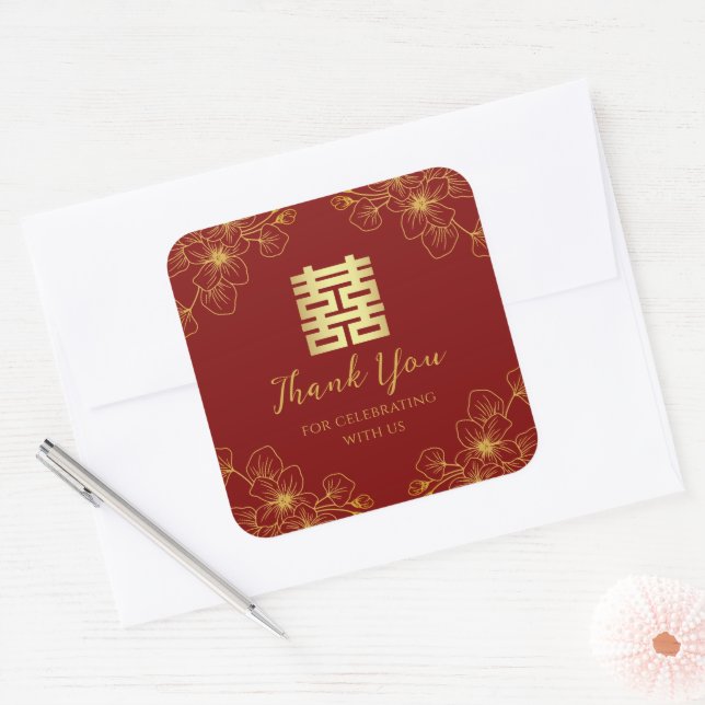 Floral cherry blossom Chinese wedding thank you Square Sticker (Envelope)
