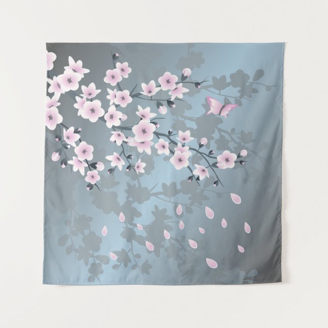Floral Cherry Blossom Dusty Pink Blue Tapestry (Front)