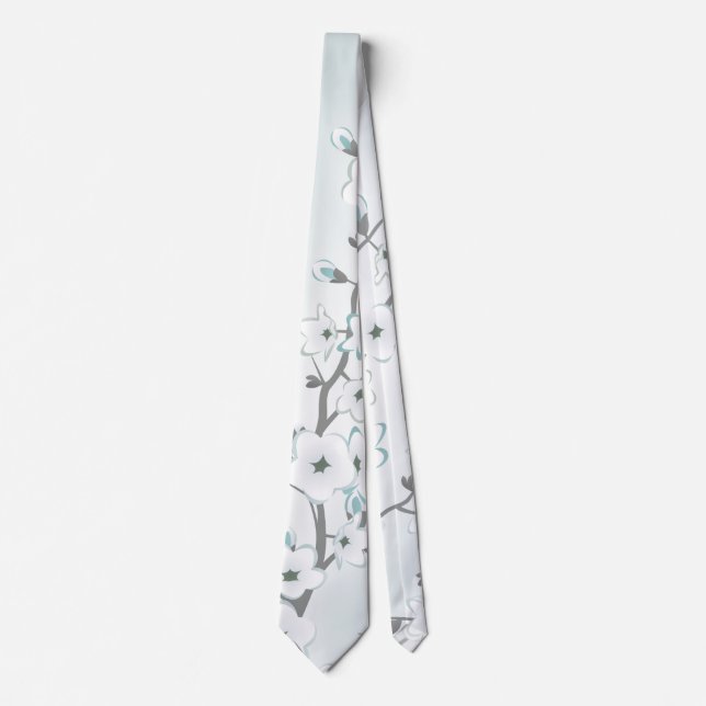 Floral Cherry Blossom Mint White Tie (Front)