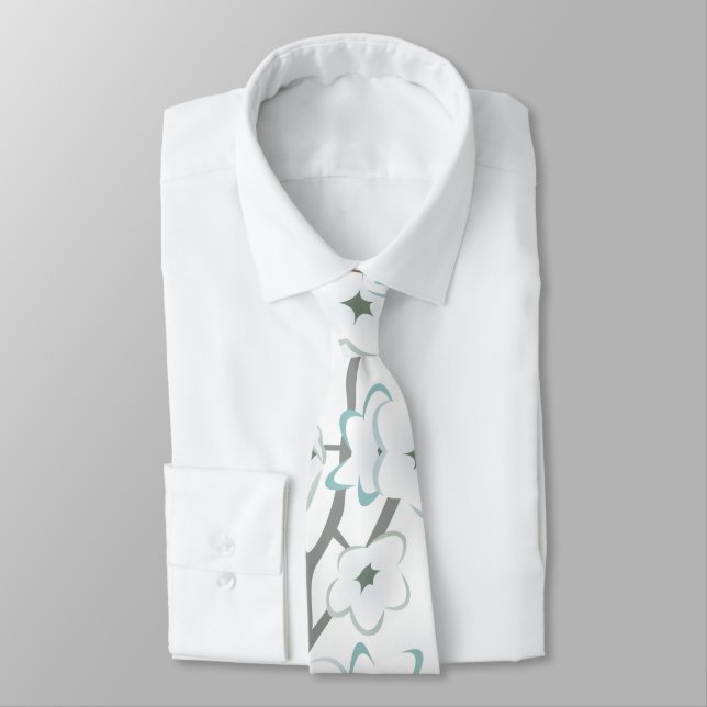 Floral Cherry Blossom Mint White Tie (Tied)