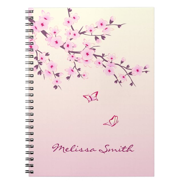 Floral Cherry Blossom Monogram Add Name And Year Spiral Notebook (Front)