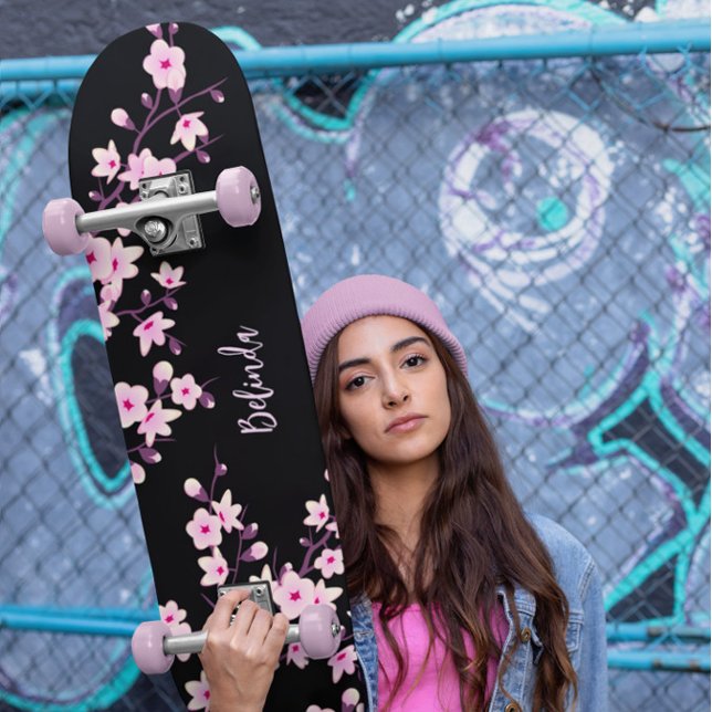 Floral Cherry Blossom Monogram Black Pink Girly Skateboard (Creator Uploaded)