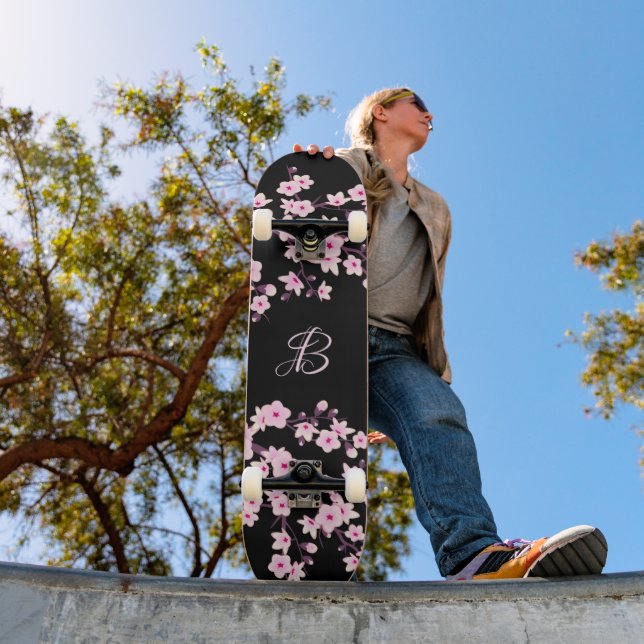 Floral Cherry Blossom Monogram Black Pink  Skateboard (Outdoor 1)