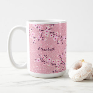 Floral Cherry Blossom Monogram Pink Glitter Coffee Mug