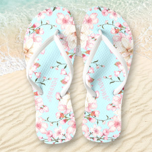 Floral Cherry Blossom Name Pink Blue Flip Flops
