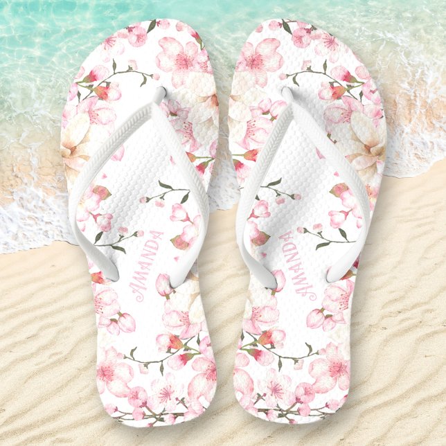 Floral Cherry Blossom Name Pink White Jandals (Floral Cherry Blossom Name Pink Flip Flops)