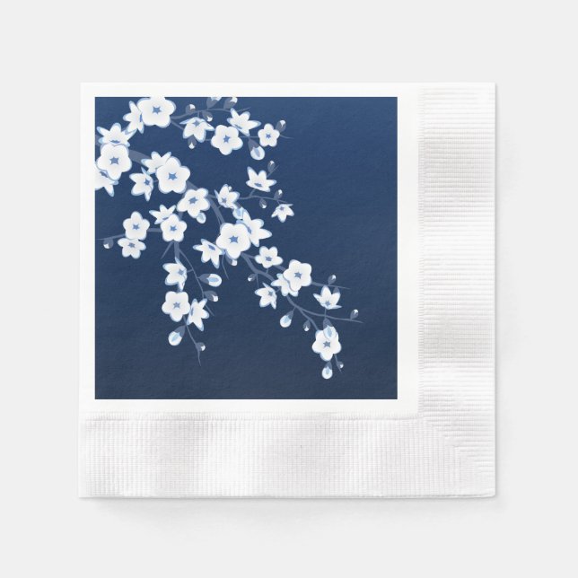 Floral Cherry Blossom Navy Blue White Napkin (Front)