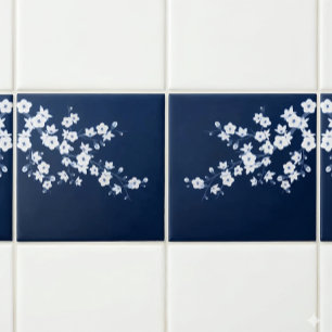 Floral Cherry Blossom Navy Blue White Tile