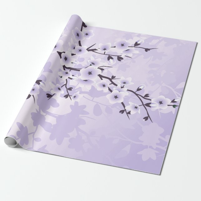 Floral Cherry Blossom Only Purple Wrapping Paper (Unrolled)