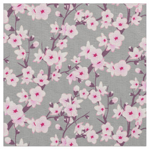 Floral Cherry Blossom Pattern Pink Grey Fabric