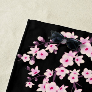 Floral Cherry Blossom Pink Black Beach Towel