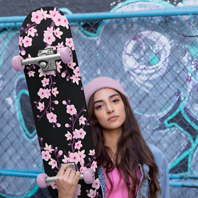Floral Cherry Blossom Pink Black Girly Skateboard (Creator Uploaded)
