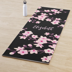 Floral Cherry Blossom Pink Black Monogram  Yoga Mat