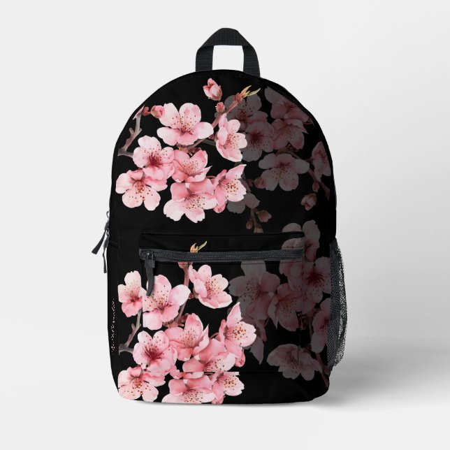 Floral Cherry Blossom Pink Black Printed Backpack (Front)