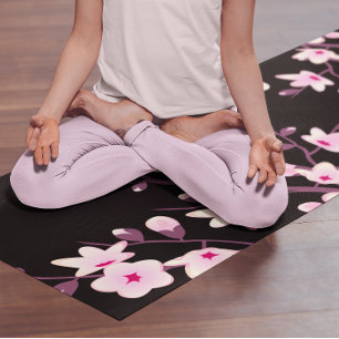 Floral Cherry Blossom Pink Black Yoga Mat