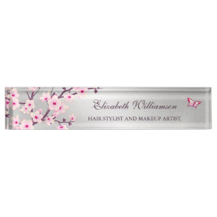 Floral Cherry Blossom Pink Grey Hair And Makeup Nameplate