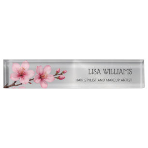 Floral Cherry Blossom Pink Grey Hair And Makeup Nameplate