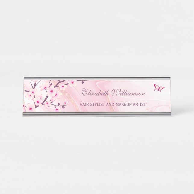 Floral Cherry Blossom Pink Marble Hair And Makeup  Desk Name Plate (Front)