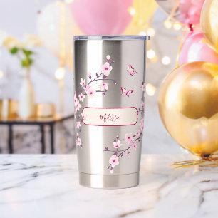 Floral Cherry Blossom Pink Monogram Insulated Tumbler