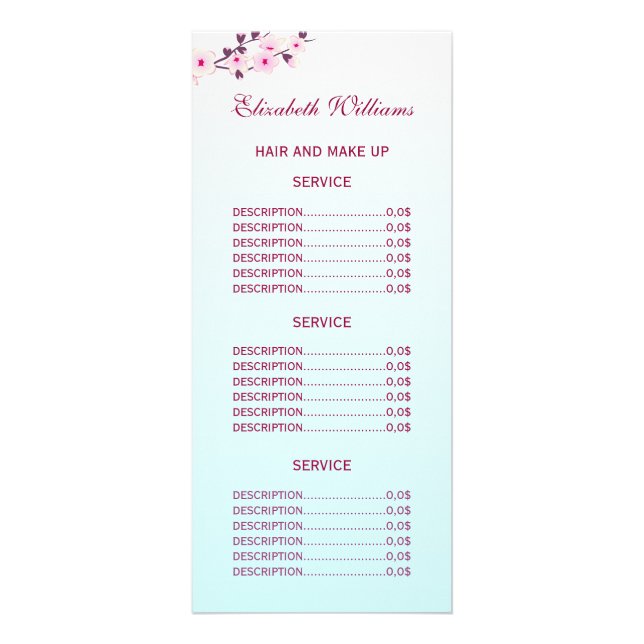 Floral Cherry Blossom Pink TurquoisService Prices  Rack Card (Front)
