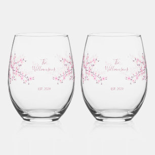 Floral Cherry Blossom Pink Wedding Stemless Wine Glass