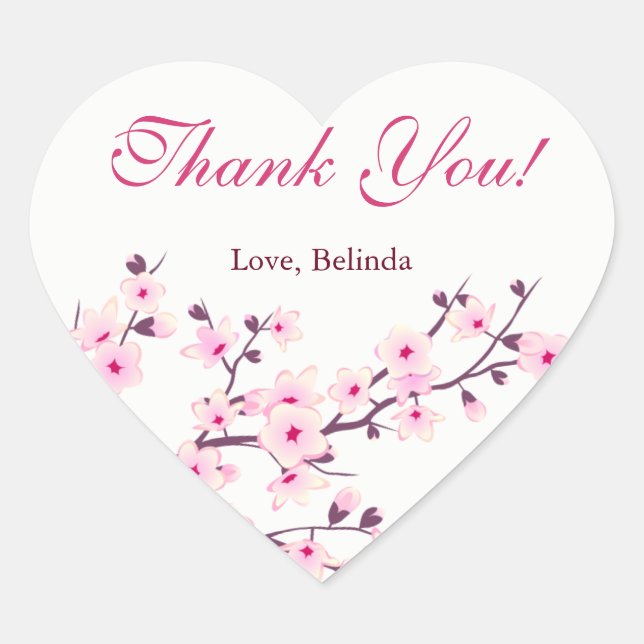 Floral Cherry Blossom Pink White Custom Thank You  Heart Sticker (Front)