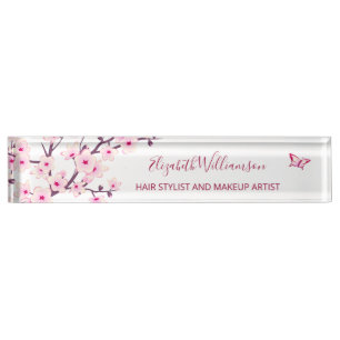 Floral Cherry Blossom Pink White Nameplate