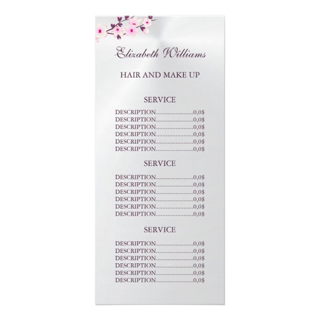 Floral Cherry Blossom Pink White Service Prices  Rack Card (Front)