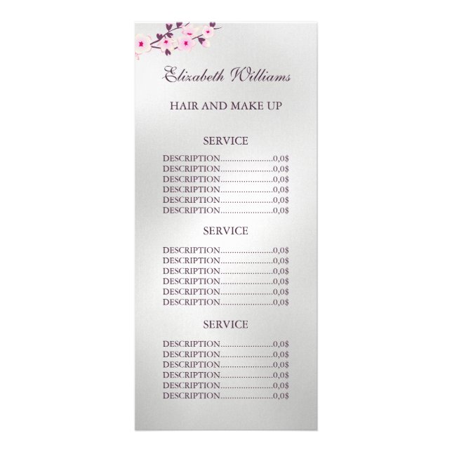 Floral Cherry Blossom Pink White Service Prices  Rack Card (Front)
