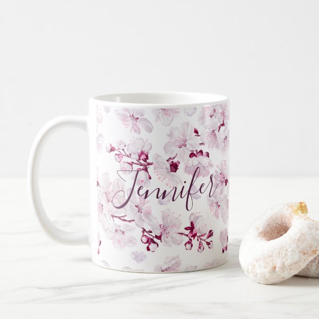 Floral Cherry Blossom Sakura Custom Name Girly Coffee Mug (With Donut)
