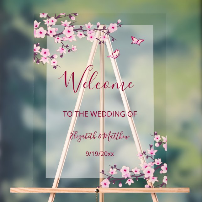 Floral Cherry Blossom Transparent Wedding Welcome Acrylic Sign (Neutral)