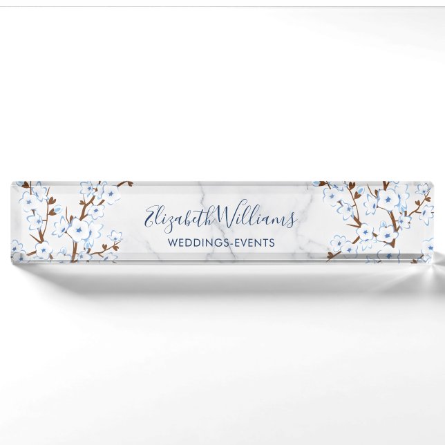 Floral Cherry Blossom White Blue Marble Nameplate (Front)