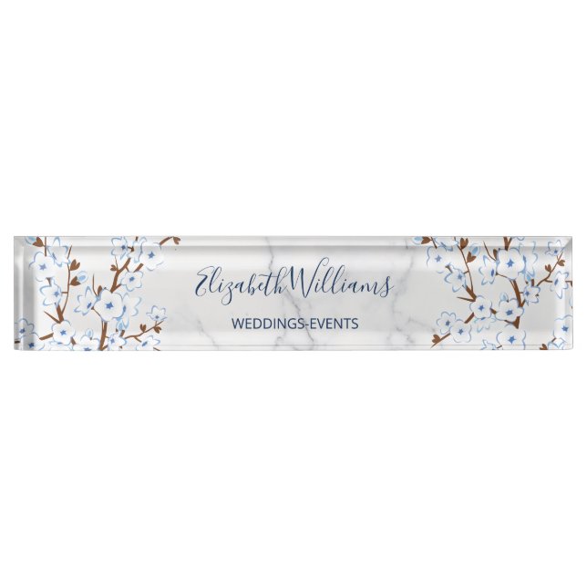 Floral Cherry Blossom White Blue Marble Nameplate (Front)