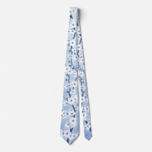 Floral Cherry Blossom White Blue Pattern Tie