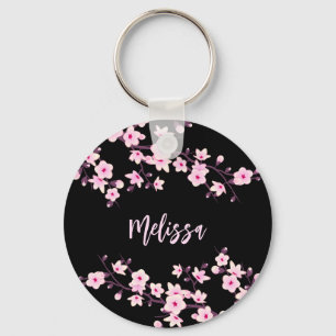 Floral Cherry Blossoms Black Pink Key Ring