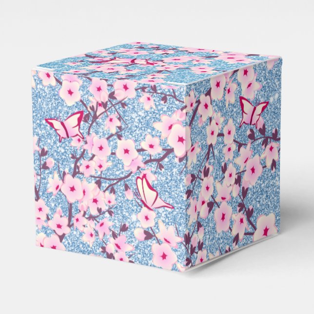 Floral Cherry Blossoms Blue Glitter Favour Box (Front Side)