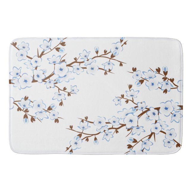 Floral Cherry Blossoms Blue White Bath Mat (Front)