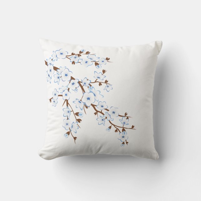 Floral Cherry Blossoms Blue White Cushion (Front)